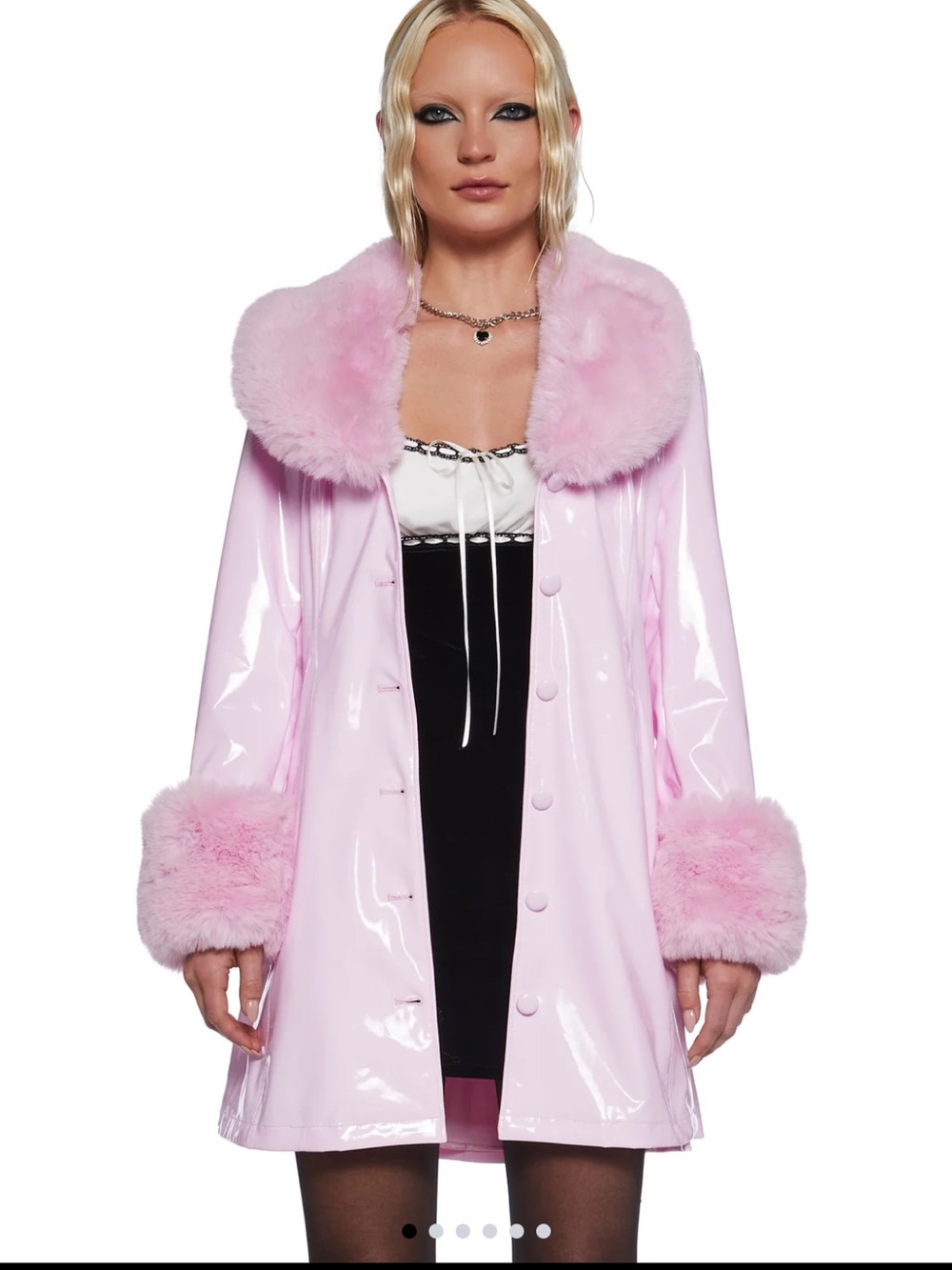 Sugar Thrillz Pastel Pink Vinyl Trench Coat with Faux-Fur Trim